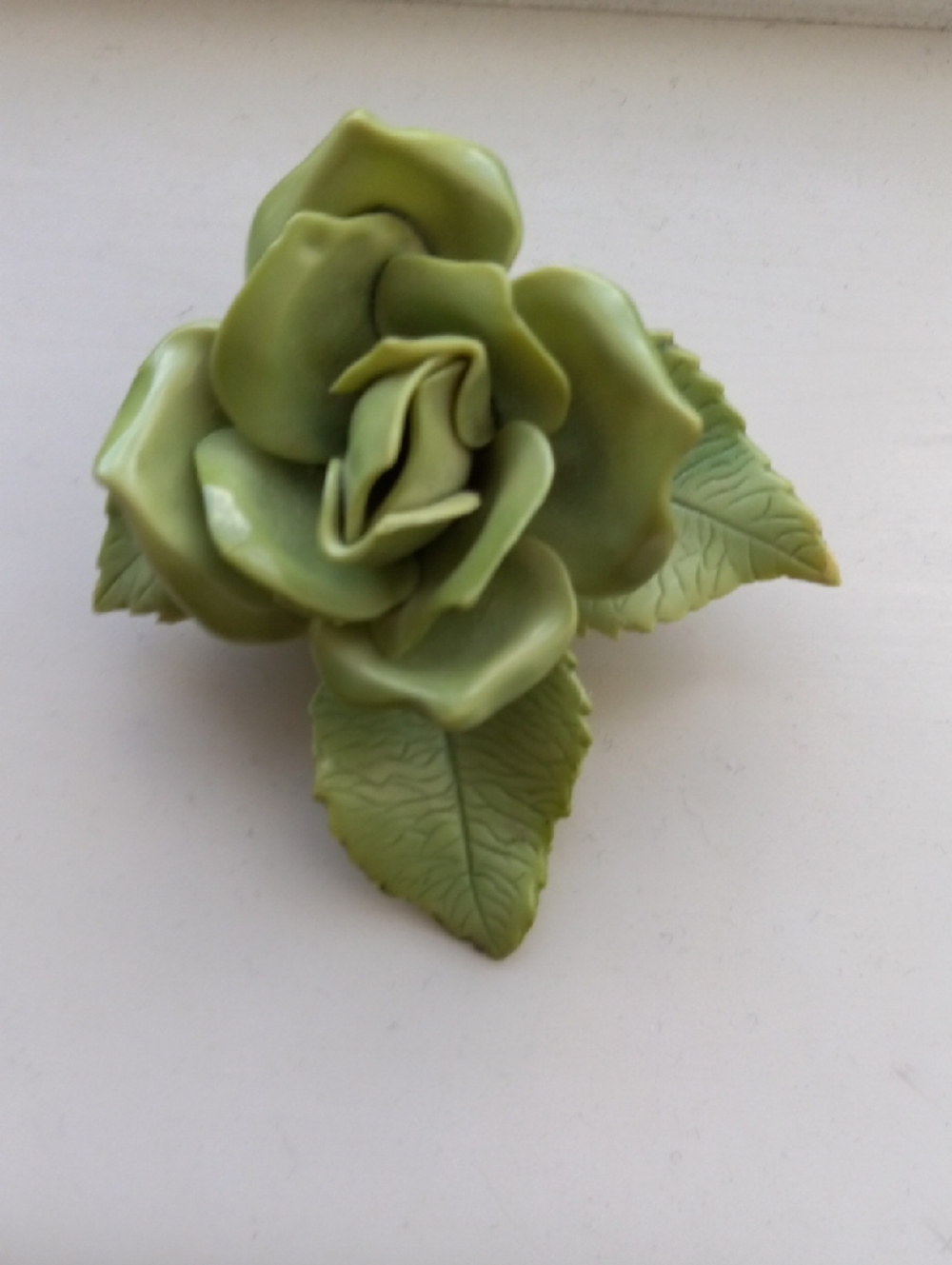 Vintage Enamel Flower Rose Leaf Brooch Pin Lime Green Floral